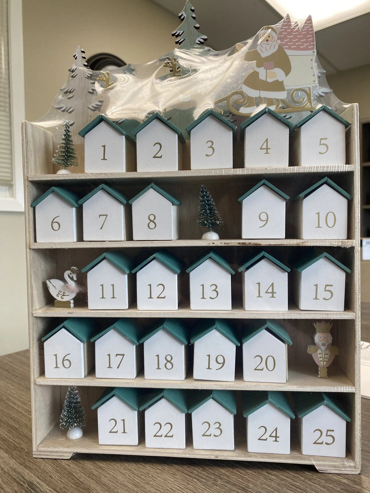 Ashland Christmas Wooden Advent Calendar 26 Pieces Green Roof Houses Trees Santa final cut