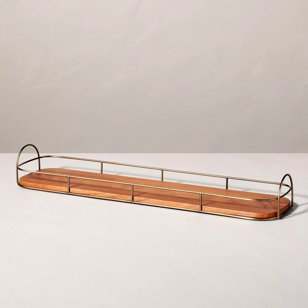 Wooden Decorative Tray with Metal Trim Brown/Brass