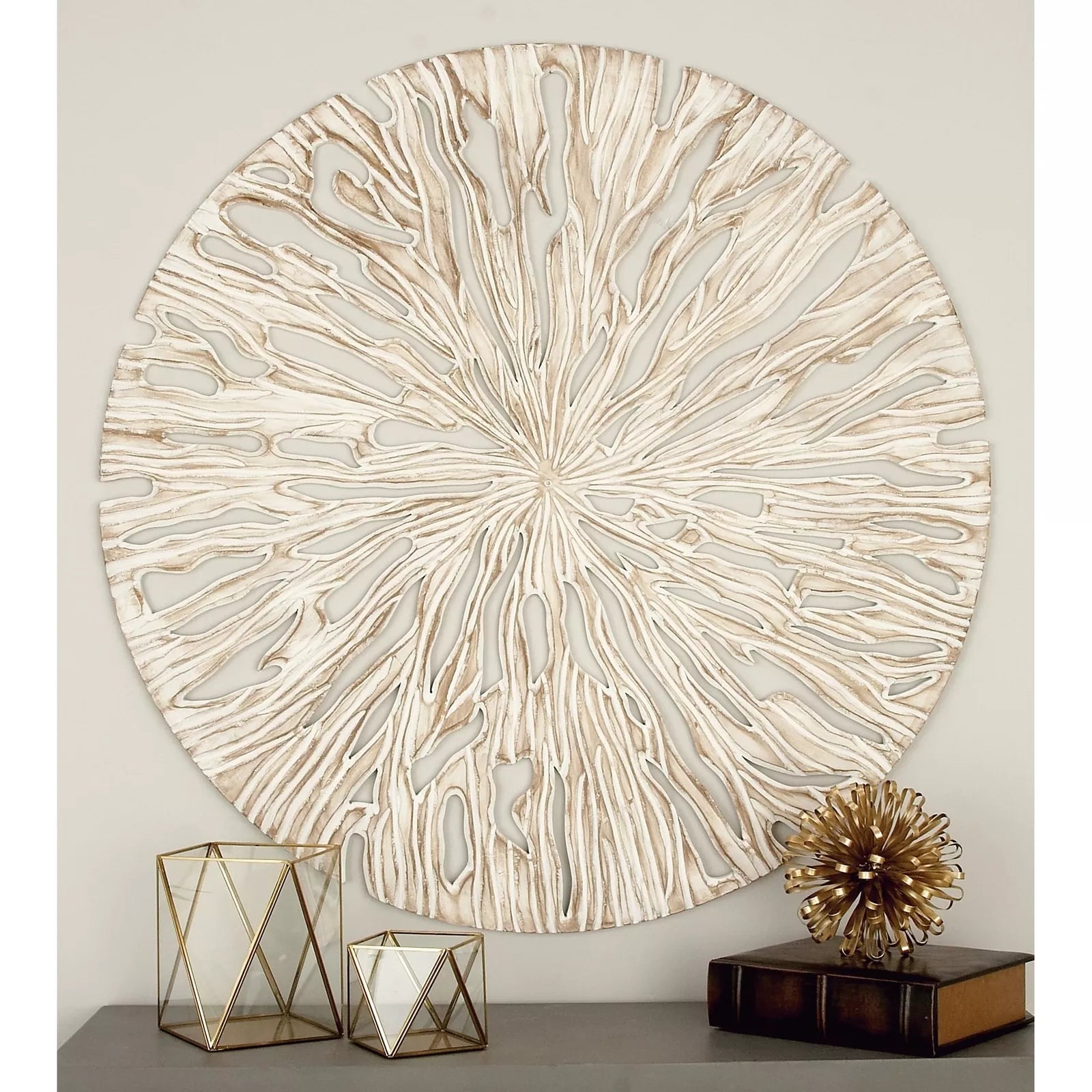 Beige Wooden Handmade Intricately Carved Starburst Home Wall Beige