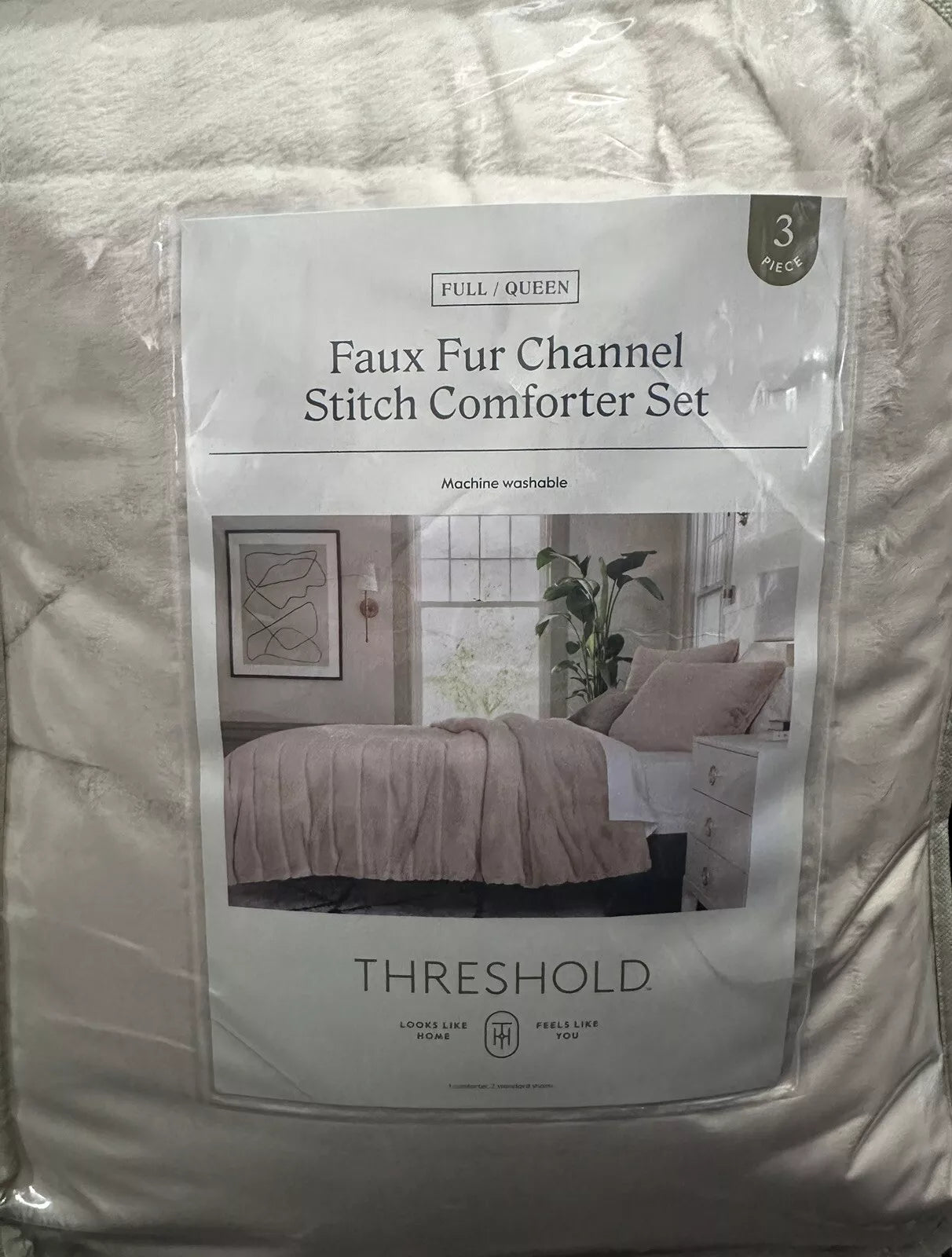 3 Piece Threshold Faux Fur Channel Stitch Comforter Set - Full/Queen Beige