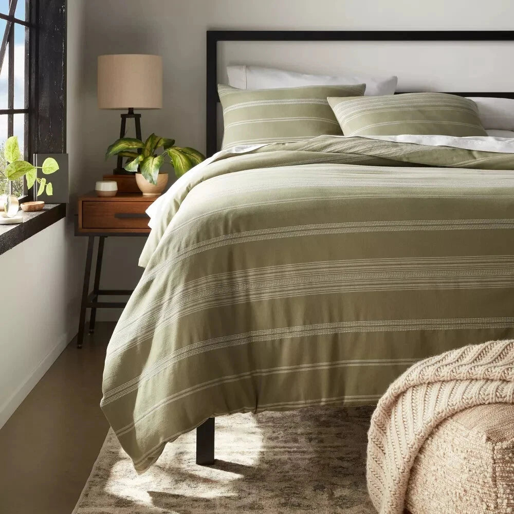 Full/Queen Cotton Woven Stripe DUVET COVER & Sham Set Moss Green/W