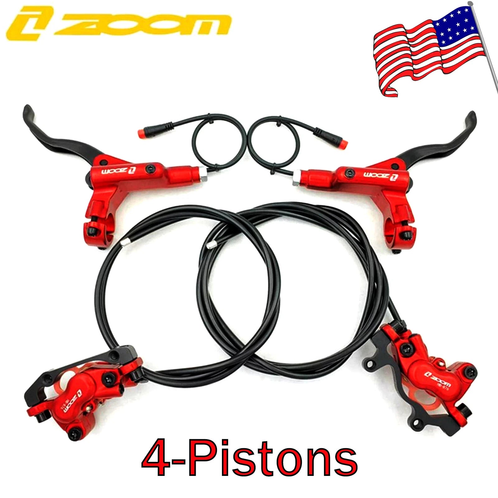 E-Bike Red Hydraulic Disc Brake 4-Piston Caliper w/Power-Off MTB
