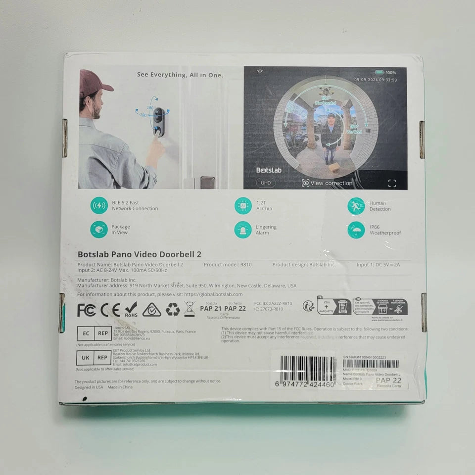 BotsLab Pano Video Doorbell 2, 180 Wide Angle Vision