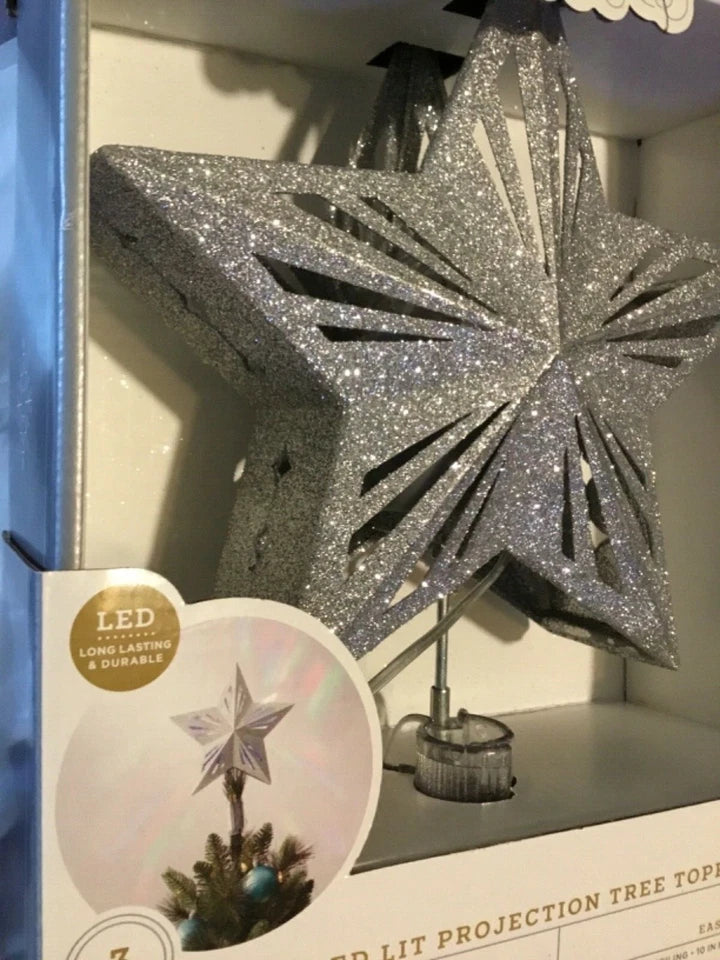 Tree Topper Christmas LED Lit Projection Lights Silver Glitter Star, final cut