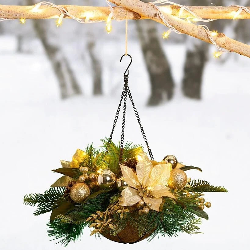 Lighted LED Christmas Cream Poinsettia Berries Winter Pine Hanging Basket final cut