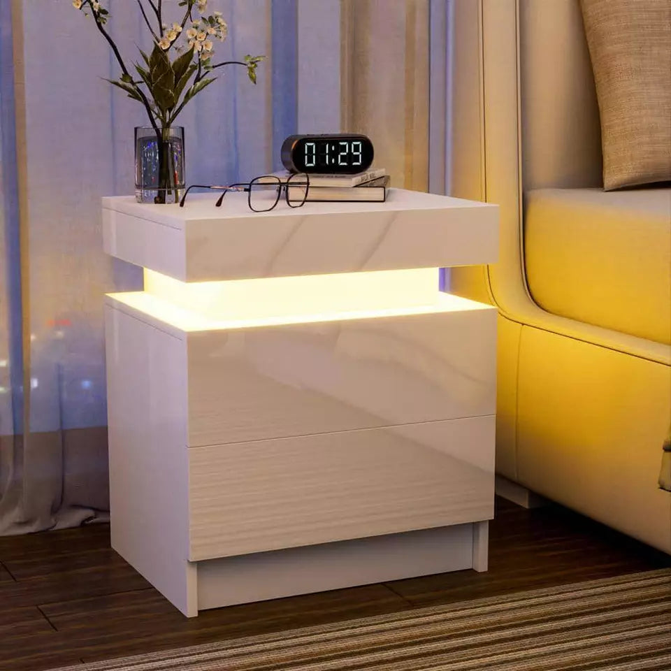 2-Drawer LED White Nightstand