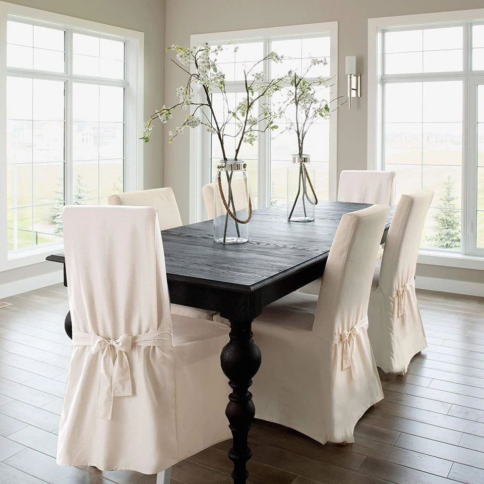 Natural Cotton Duck Long Dining Chair Slipcover Machine Washable Relaxed Fit