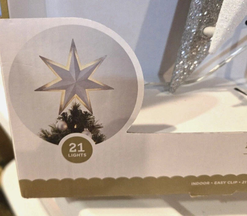 Twinkling LED Lit Tree Topper Silver White 21 Lights, final cut
