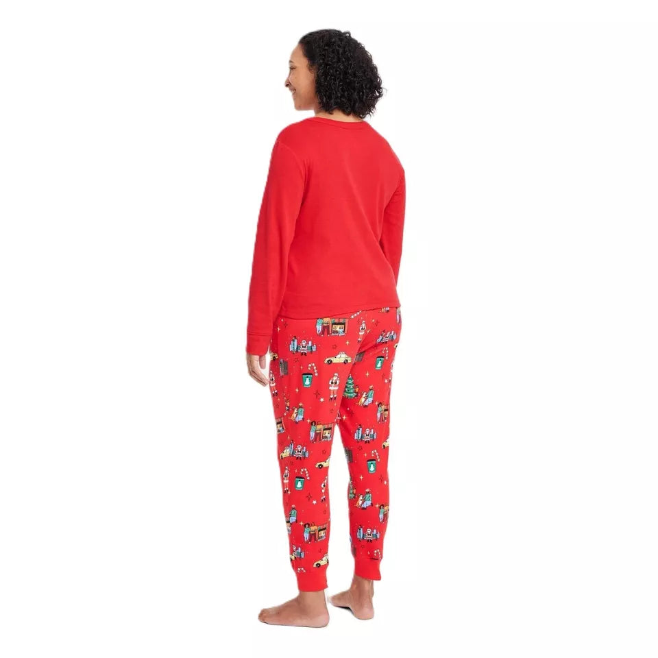 Womens L Red 'LOVE PEACE & JOY' Holiday City Matching PJ Set (2PC)