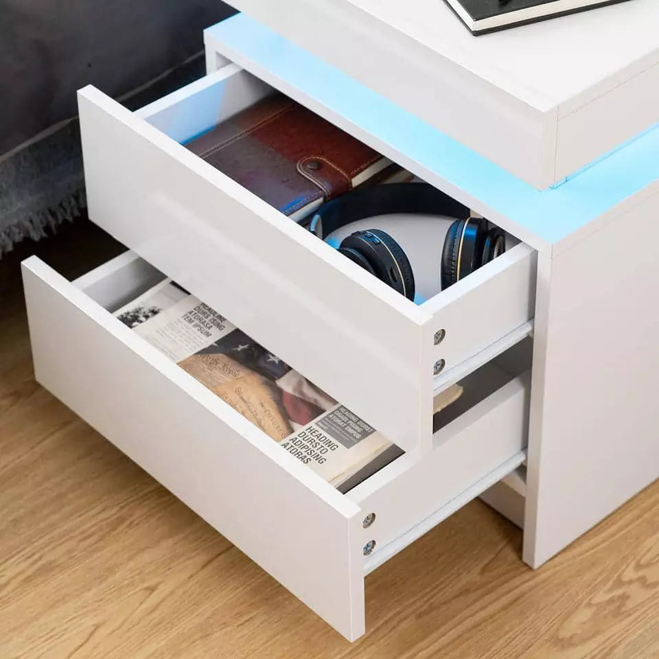 2-Drawer LED White Nightstand