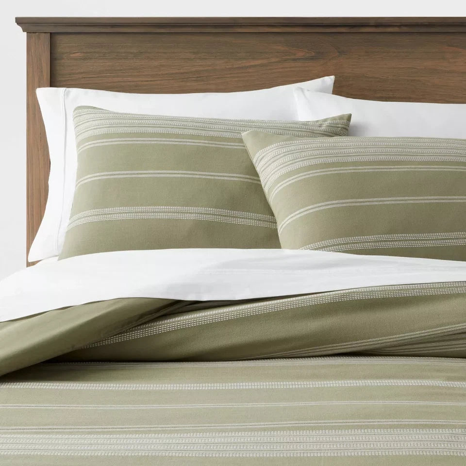 Full/Queen Cotton Woven Stripe DUVET COVER & Sham Set Moss Green/W