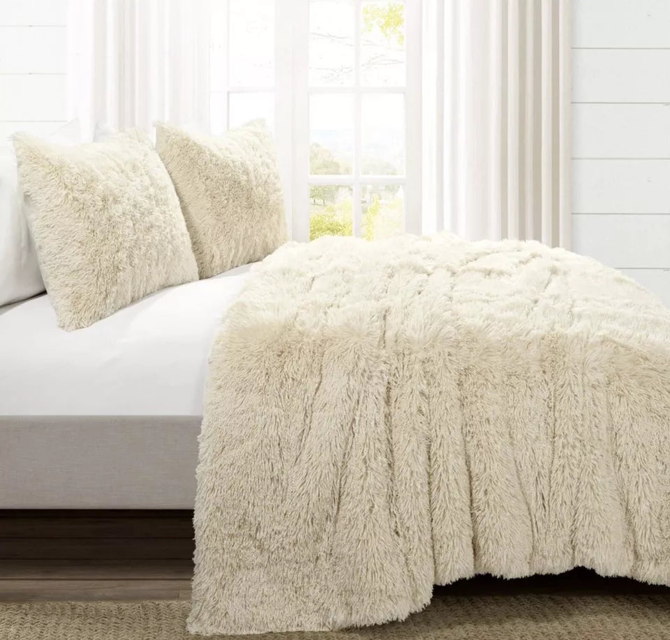 3 Piece Threshold Faux Fur Channel Stitch Comforter Set - Full/Queen Beige
