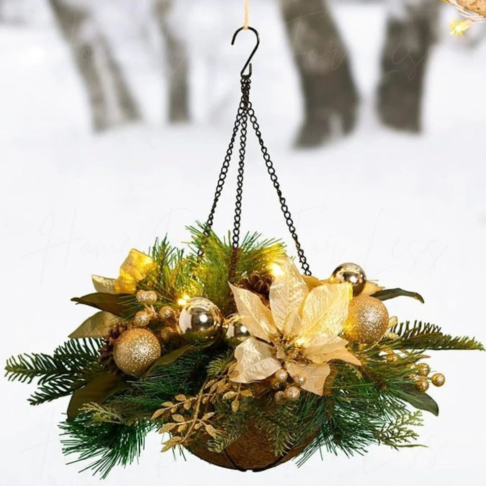 Lighted LED Christmas Cream Poinsettia Berries Winter Pine Hanging Basket final cut