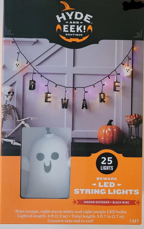 25ct LED String Lights Beware Ghosts Orange Purple Halloween Garland