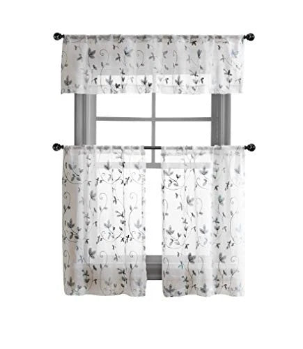Cassandra Floral Embroidered Semi Sheer Kitchen Curtain Tier & Valance Set Grey