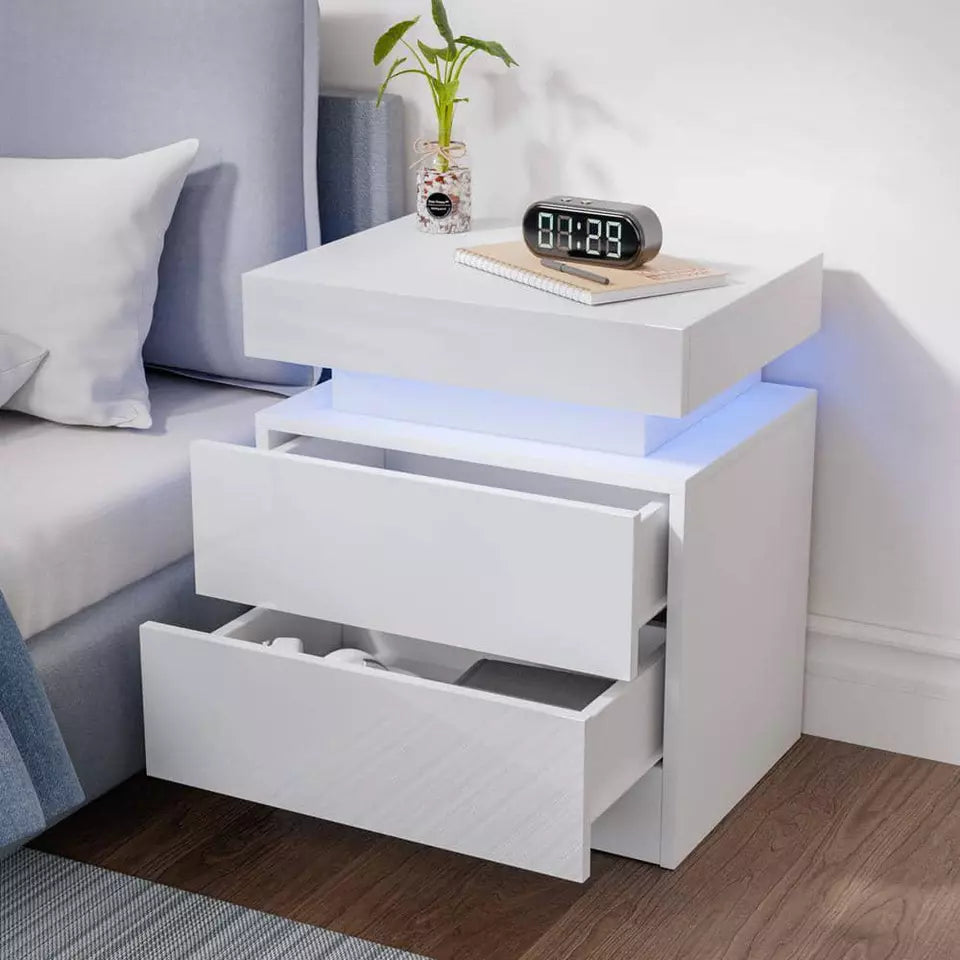 2-Drawer LED White Nightstand