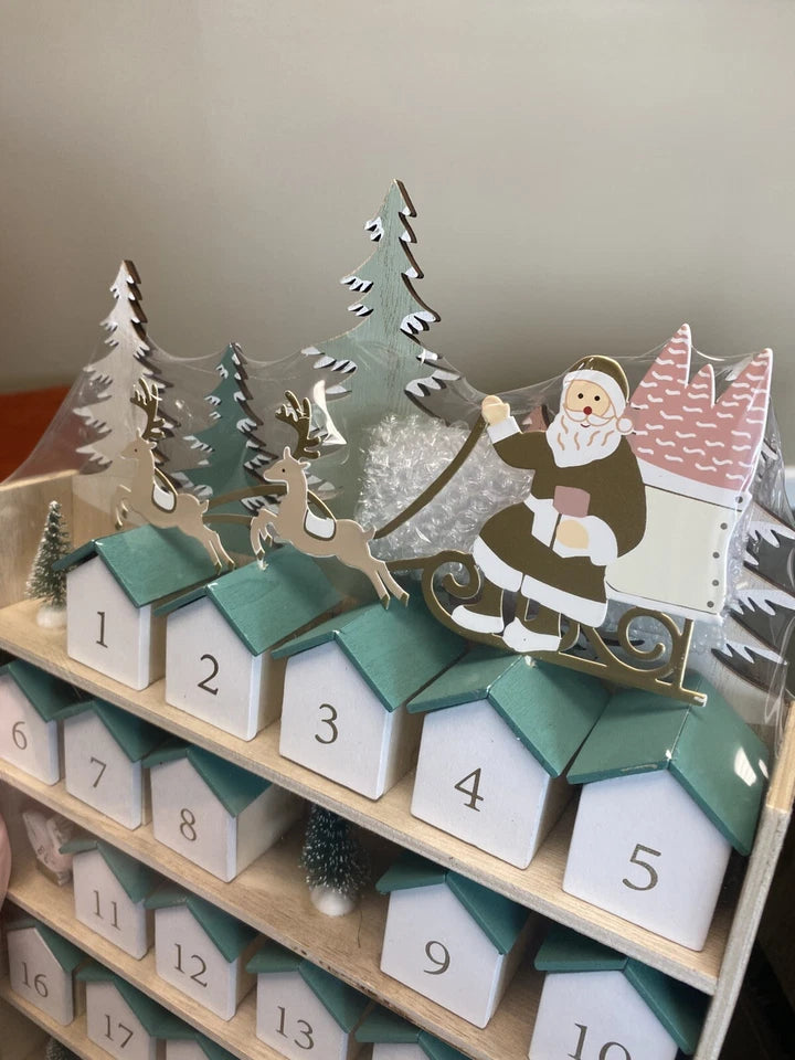 Ashland Christmas Wooden Advent Calendar 26 Pieces Green Roof Houses Trees Santa final cut