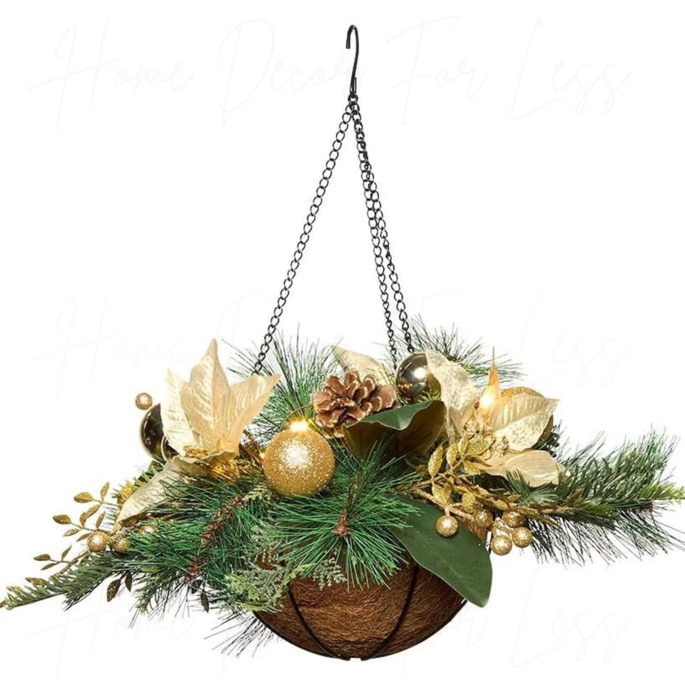 Lighted LED Christmas Cream Poinsettia Berries Winter Pine Hanging Basket final cut
