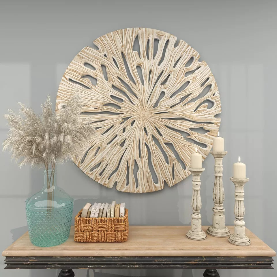 Beige Wooden Handmade Intricately Carved Starburst Home Wall Beige
