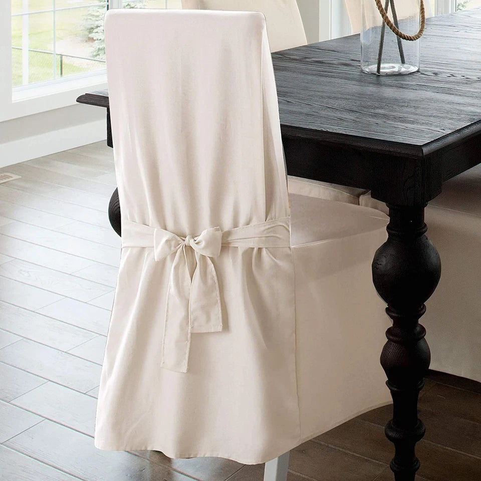 Natural Cotton Duck Long Dining Chair Slipcover Machine Washable Relaxed Fit