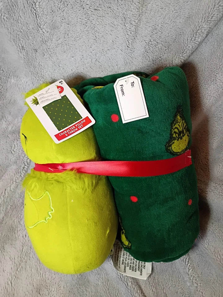 The Grinch Character Pillow & Throw Blanket Set Plush Cozy Christmas, final cut