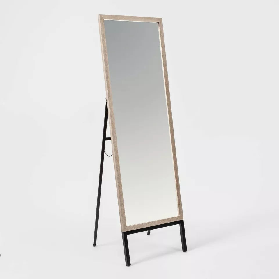 Oak and Metal Modern Floor Mirror Brown