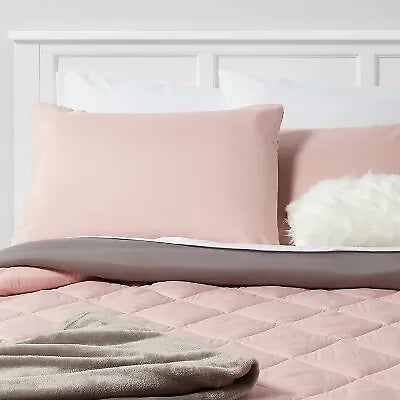 5pc Full/Queen Solid Microfiber Reversible Decorative Bed Set with Throw Blush