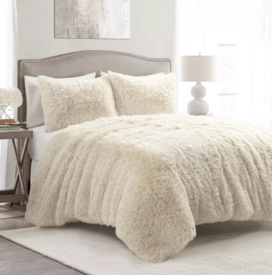 3 Piece Threshold Faux Fur Channel Stitch Comforter Set - Full/Queen Beige