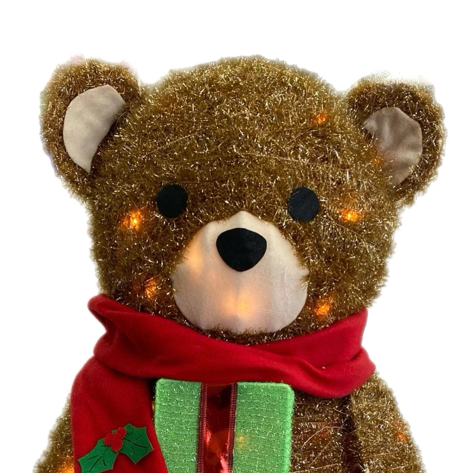 Holiday Tinsel Bear Light Up Display Holding Presents Has Scarf