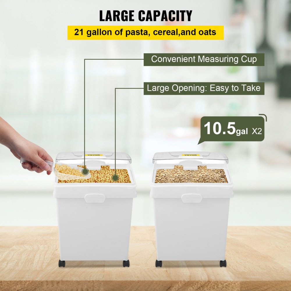 10.5 Gallons Ingredient Bin, Ingredient Storage Bin 2 Pcs/Set, PP Material Flour Bins On Wheels, White Shelf Ingredient Bin with Scoop and Sliding Lid, Commercial Storage Bins (Set of 2)