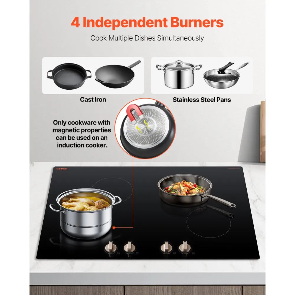 Induction Cooktop, Electric Countertop Burner, 4 Burner Knob Control Stove