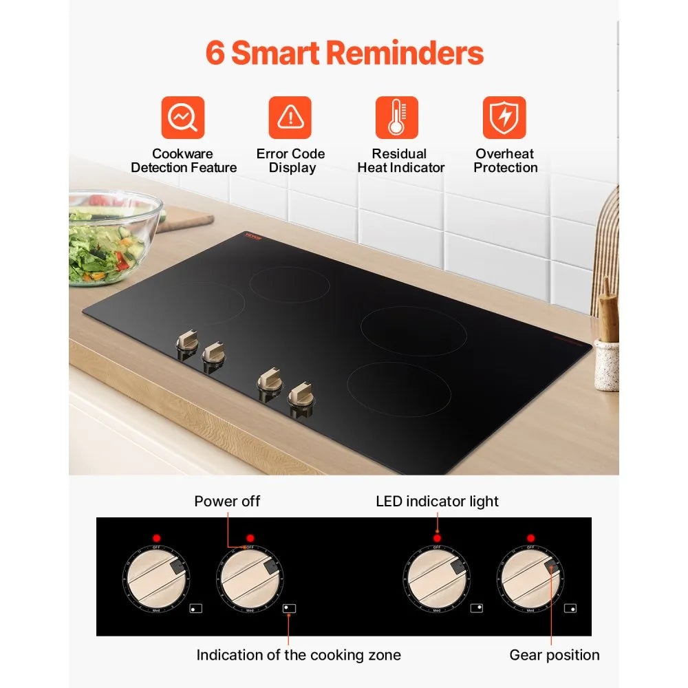 Induction Cooktop, Electric Countertop Burner, 4 Burner Knob Control Stove
