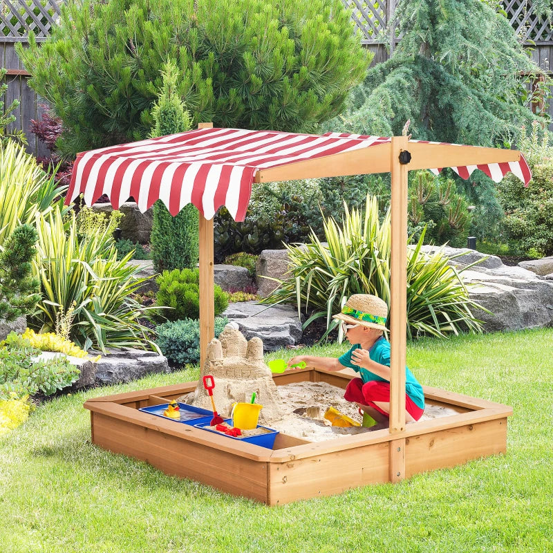 Outsunny Kids Wooden Sandbox with Adjustable Height Cover and Toy Bin Storage