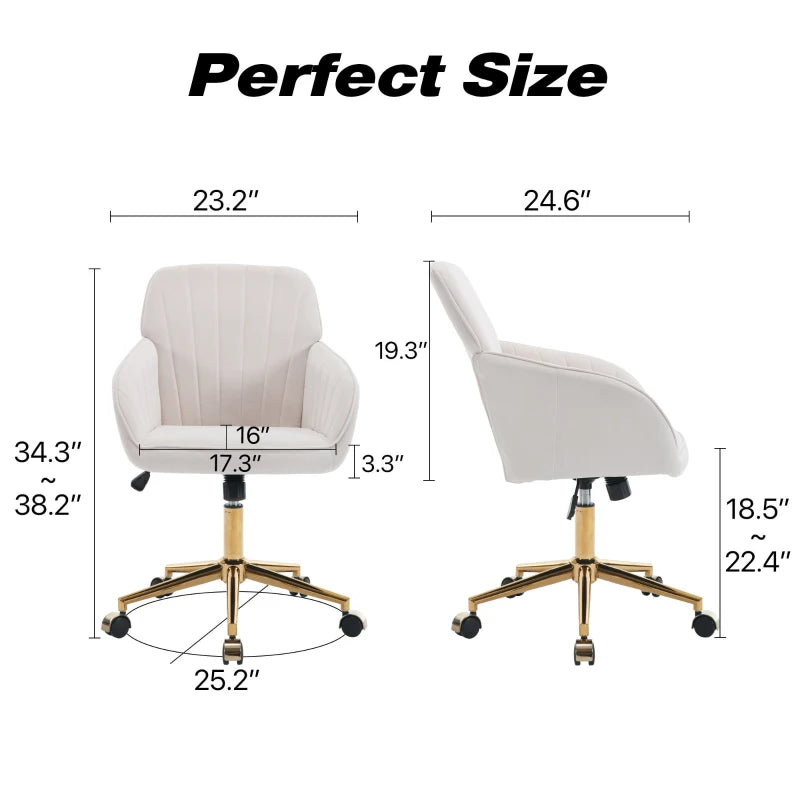 Adjustable Ergonomic Swivel Chair with Velvet Cushion and Lumbar Support, Golden Base, Beige