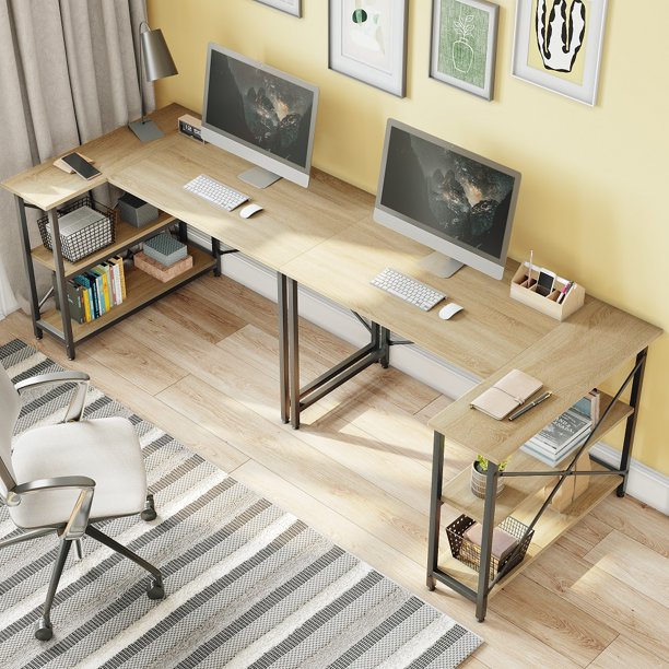 Bestier 47 inch Small L-Shaped Desk with Storage Shelves Corner Desk in Oak