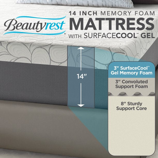 Beautyrest 14" Mattress-In-a-Box, SurfaceCool Gel Memory Foam, Multiple Sizes queen