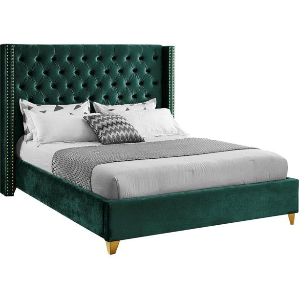 Barolo Green Velvet Queen Bed As Is: Headboard and slats only.