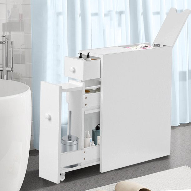 Woodyhome Wooden Bathroom Floor Cabinet Free Standing Bathroom Cabinet with Slide Out Drawer Water-resistant, White