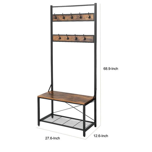 Benjara 12.6" Wood and Metal Frame Hall Tree with 9 Hooks in Brown and Black CA219