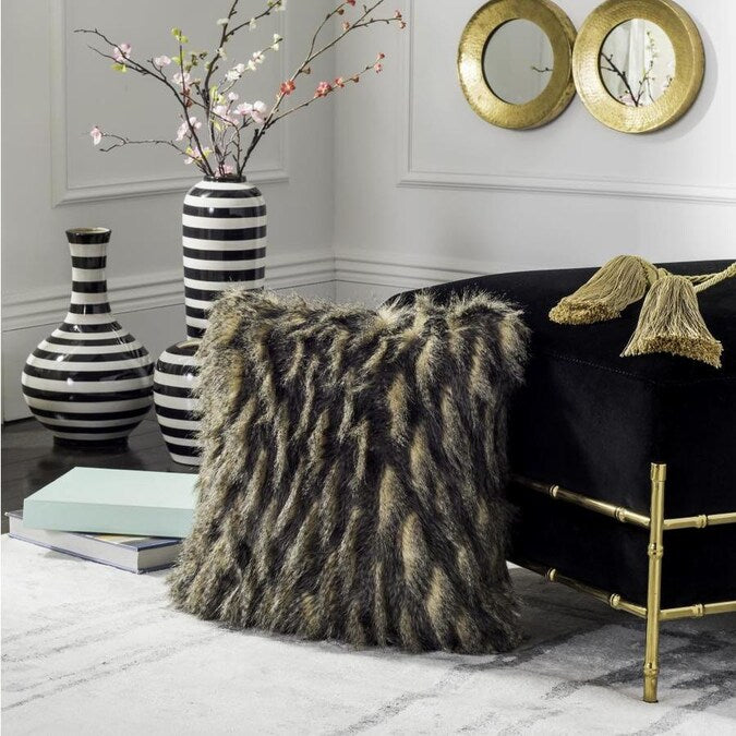 20" Faux Pheasant Throw Pillow, Taupe/Charcoal (#K6099)