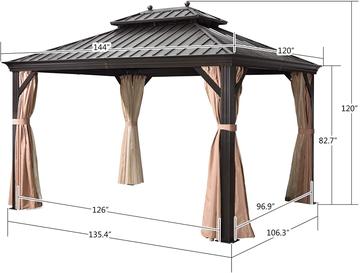 12' X 16' Double Roof Hardtop Aluminum Permanent Gazebo With Mosquito Net And Privacy Curtain (3 Boxes) CL157