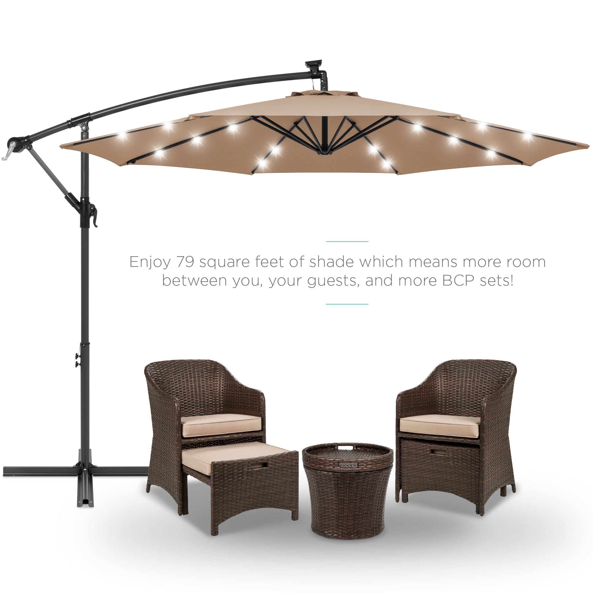 Best Choice Products 10ft Solar LED Offset Hanging Outdoor Market Patio Umbrella w/ Easy Tilt Adjustment - Tan 7345