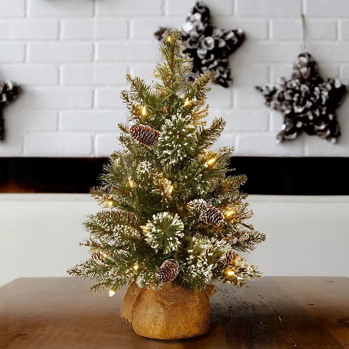 2 ft. Glittery Bristle Pine Burlap Tree with Lights
