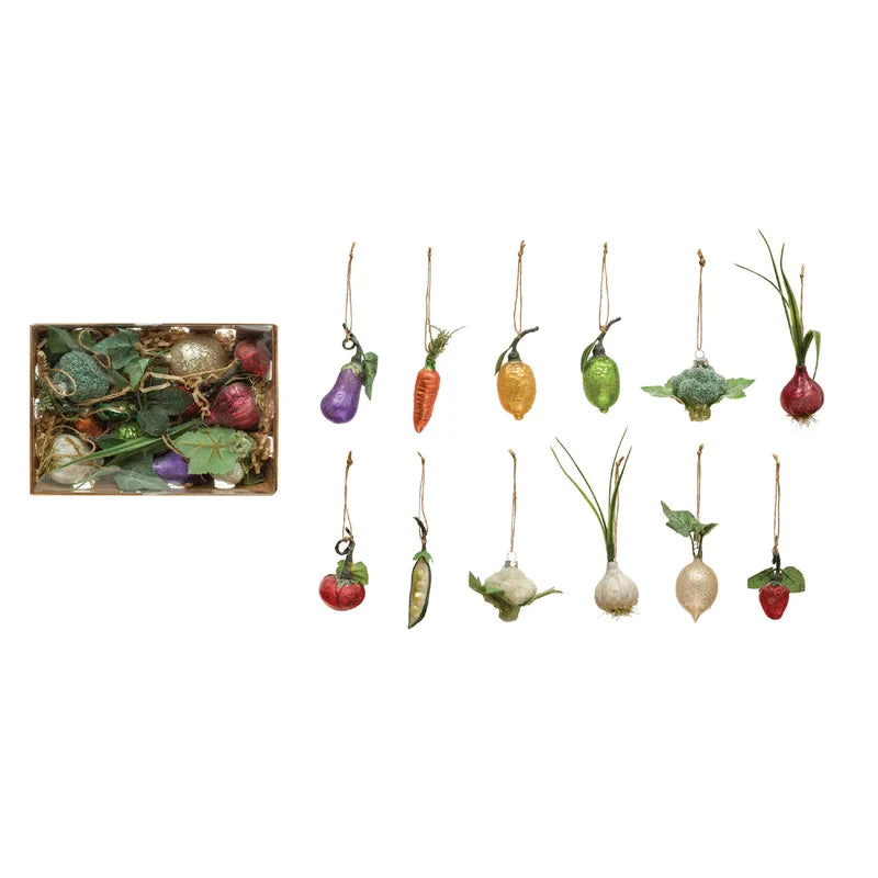 12 Piece Fruit and Veggies Holiday Shaped Ornament Set