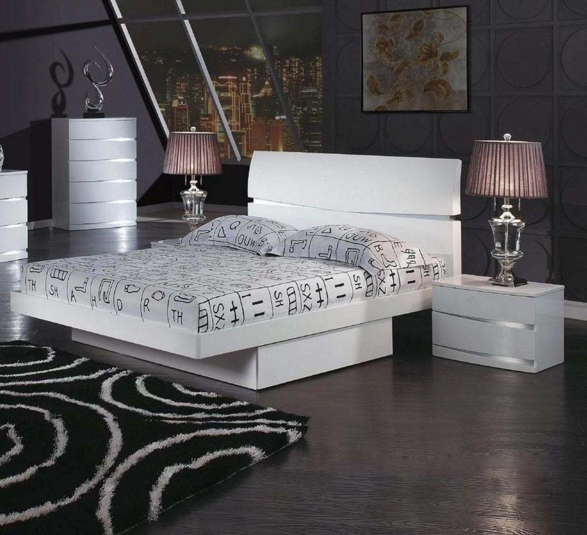 White High Gloss  Finish Storage King Size Bed Global United Wynn (4 Boxes) K8383