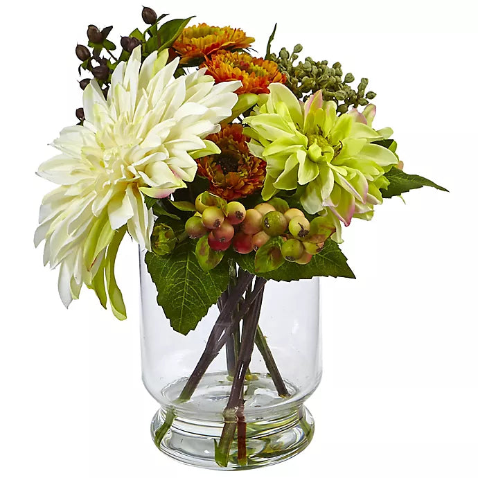 12-Inch Mixed Dahlia and Mum Arrangement in Glass Vase