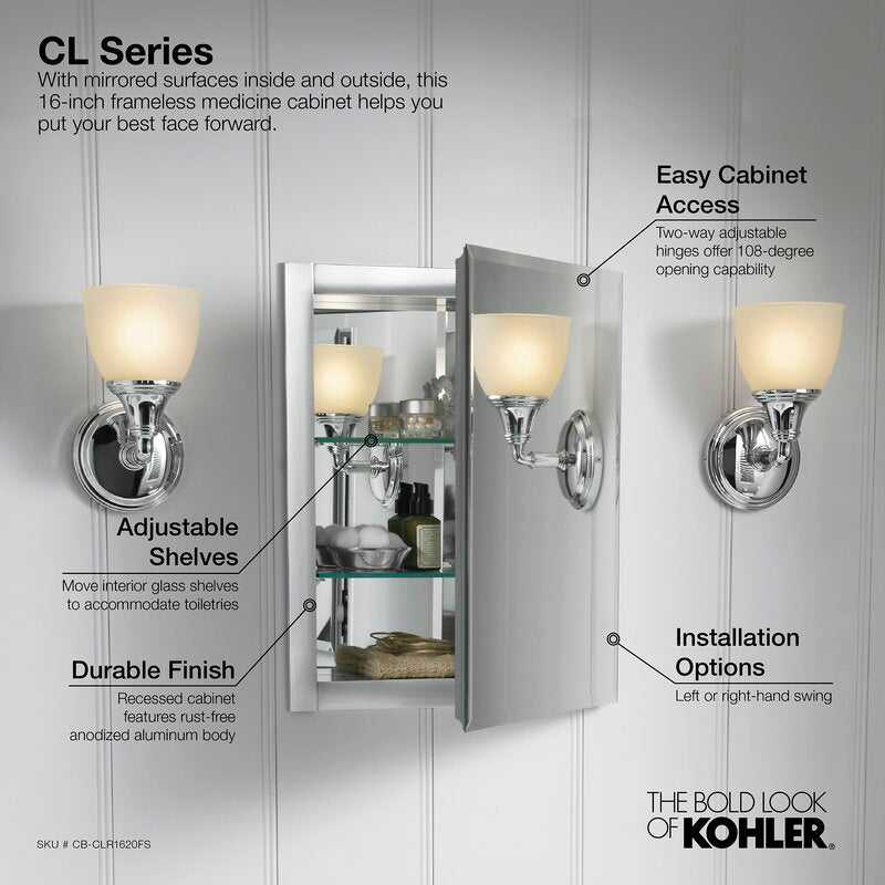 16" x 20" Recessed Frameless Medicine Cabinet with 2 Adjustable Shelves