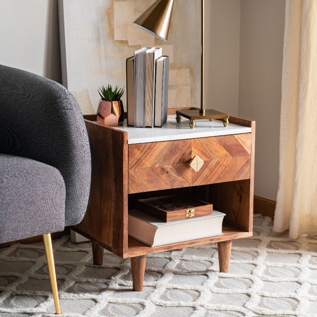 Tahseen Nightstand, White/Gold/Acacia *AS IS* (#K2630)