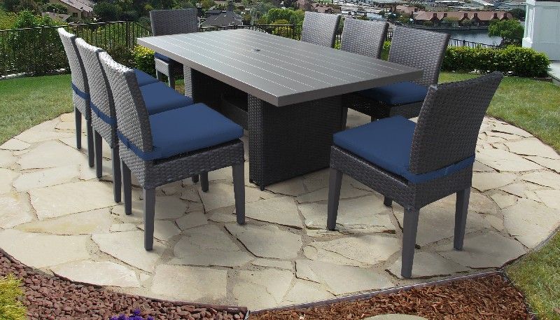 Belle Rectangular  Outdoor Patio Dining Table w/ 8 Armless Chairs in Navy (5 Boxes) pc463