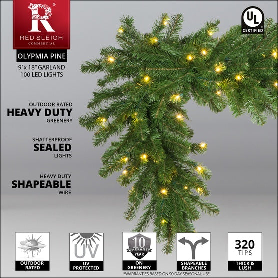 9' x 18" Olympia Pine Prelit Commercial LED Christmas Garland, 100 Warm White Lights
